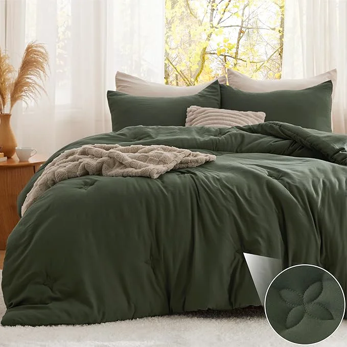 Secure Bedsure Full Size Comforter Set Olive Green Soft Prewashed Full Bedding Quilted Comforter with Clover Design Down Comforter for All Seasons 3 Pieces Bed Set with 2 Pillow Shams Sustainable
