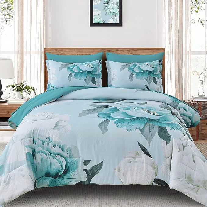 Sustainable Dobuyly Floral Comforter Set King Size 7 Piece Bed in a Bag Aqua Flowers on Light Blue Comforter Set with Sheets Soft Microfiber Botanical Complete Bedding Set for All Season Smooth