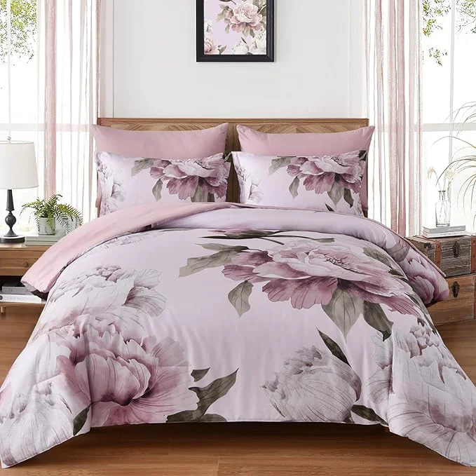 Reliable Dobuyly Pink King Size Comforter Set 7 Piece Bed in a Bag Blush Floral Printed on Light Pink Comforter Set with Sheets Soft Microfiber Botanical Flower Bedding Set for All Season Genuine