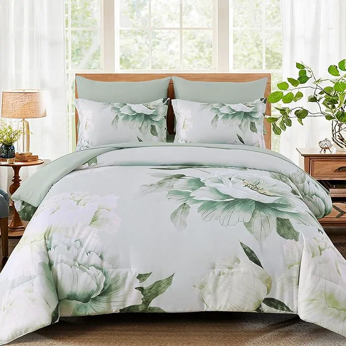 Durable Dobuyly Floral King Size Comforter Set 7 Piece Bed in a Bag Sage Green Reversible Comforter Set with Sheets Soft Microfiber Botanical Flowers Summer Bedding Set for All Season Excellent