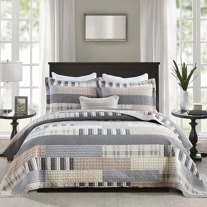 High-Quality PANGUSHAN Quilt Set Queen Size Cotton Quilt Bedding Set Bedspreads Patchwork Plaid Farmhouse Reversible Lightweight Comforter Bed Spread for Queen Bed Gray Brown 3 Pieces Specialty