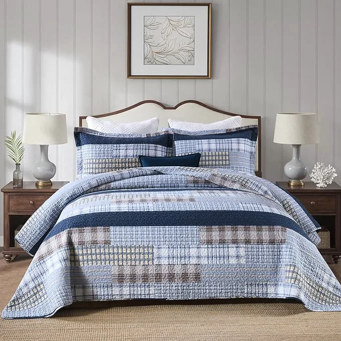 Detailed PANGUSHAN Quilt Set Queen Size Cotton Quilt Bedding Set Bedspreads Patchwork Plaid Farmhouse Reversible Lightweight Comforter Bed Spread for Queen Bed Blue 3 Pieces Efficient