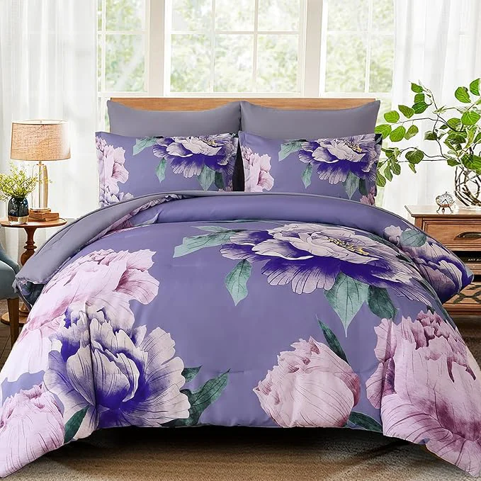 Elegant Dobuyly Floral Comforter Set King Size 7 Piece Bed in a Bag Purple Pink Flower Comforter Set with Sheets Soft Microfiber Botanical Flower Bedding Set for All Season Comfortable