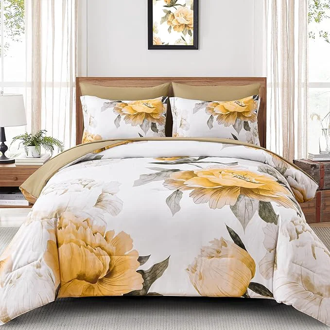 Minimalist Dobuyly Yellow Comforter Set Queen Size 7 Piece Bed in a Bag Yellow Floral Comforter Set with Sheets Soft Microfiber Botanical Complete Bedding Set for All Season