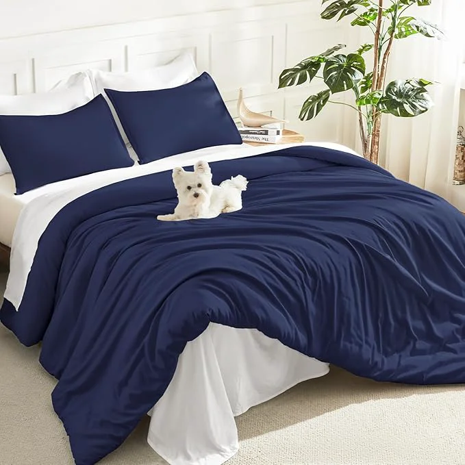 Convenient Litanika Navy Blue Comforter Set California King Size 3 Pieces Cal King Lightweight Solid Bedding Comforter Set All Season Fluffy Down Bed Set 104x96In Comforter amp 2 Pillowcases User-Friendly