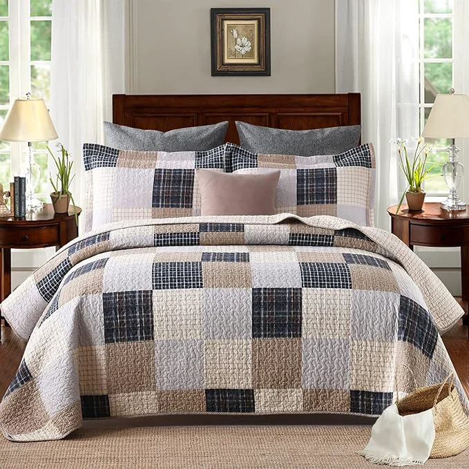 Sustainable PANGUSHAN Quilts Set King Size Cotton Quilt Patchwork Plaid King Quilt Bedding Set Bedspreads Farmhouse Rustic Lightweight Comforter for King Bed Cream Brown Blue-Black Off-White Bed Spread Efficient
