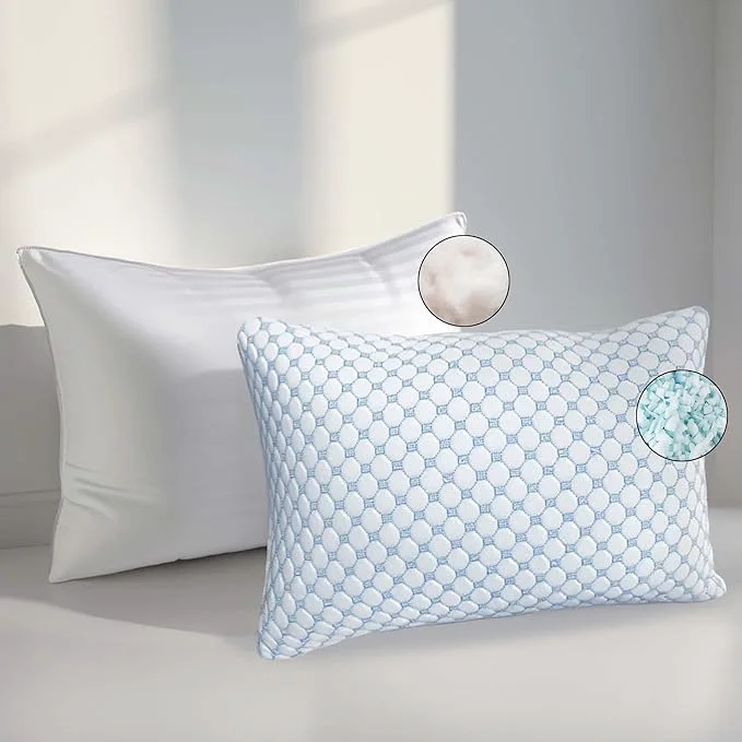 Organic Nestl Cooling Memory Foam Pillow with Down Pillows Combo Set – King Size Set of 2 1 Soft and 1 Firm Adjustable for Side Back or Stomach Sleepers Breathable Washable Cool Cover 20 x36 Versatile