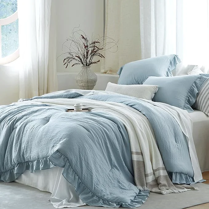 Fine Crafted Blue Ruffle Comforter Set Twin Pre-Washed Shabby Chic Bedding Set Lightweight Cottagecore Soft Romantic Cozy 1 Comforter amp 1 Sham All-Season Carefully Designed