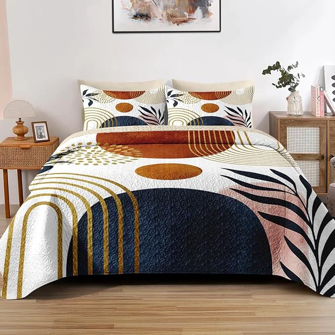 Top-Quality Quilt Set Twin Size Gold Yellow Mid Century 2 Pcs Soft Bed Cover Bedding Set for Kids and Adults Sun Boho Geometric Leaf Lightweight Bedspread Coverlet with Pillow Sham for All Season Luxury