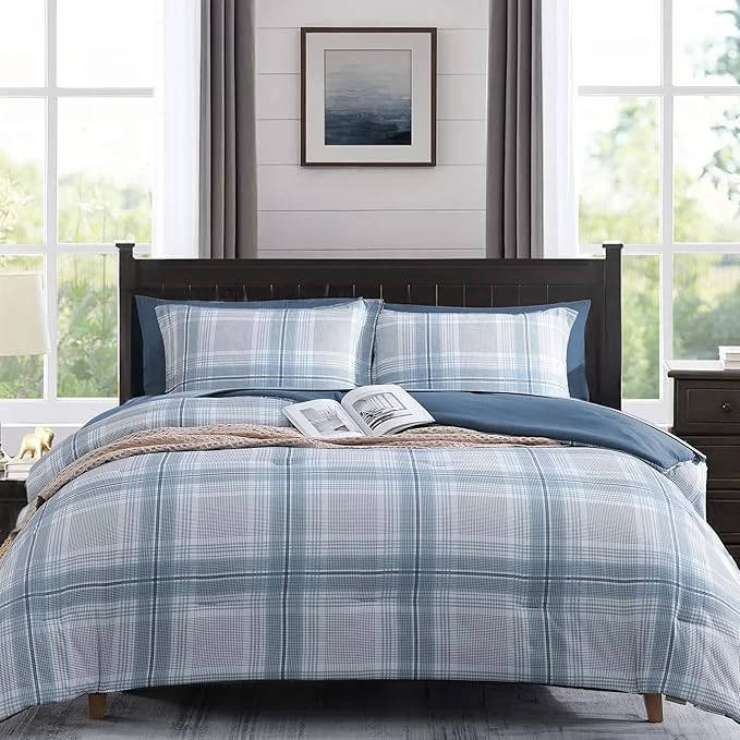 Detailed MaiRêve Plaid Queen Comforter Sets Light Blue Grid Farmhouse Bedding Set Bed in A Bag Classic Checkered Comforter Sets with Fitted amp Flat Sheet Pillowcases amp Shams Light Blue 90 quot x90 quot Exclusive