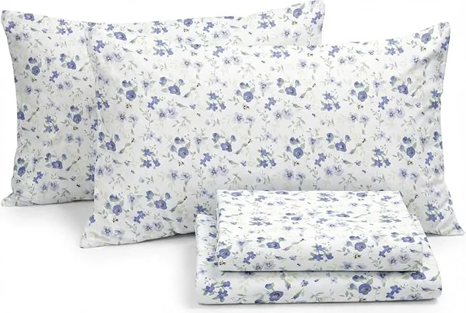 Pure Linen Market 4 Piece Queen Sheet Set - Breathable Double-Brushed Patterned Cooling Sheets – Ultra Soft amp Wrinkle- 16 quot Deep-Pocket Queen Sheets - Easy Care Blossoms Light Blue Excellent
