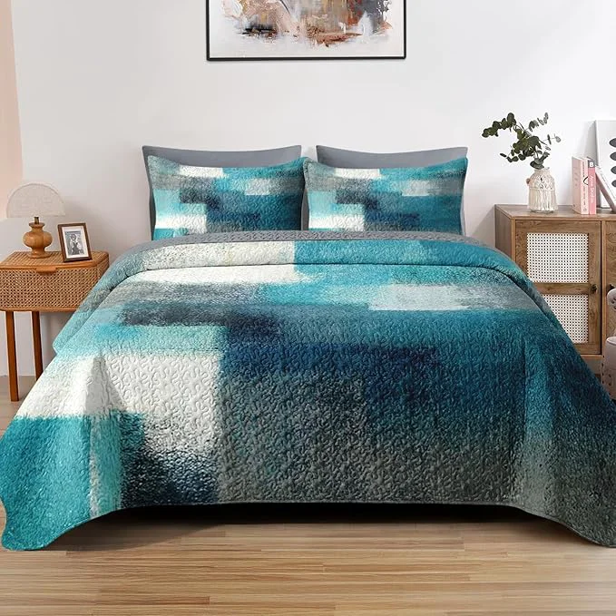 World-Class Quilt Set Twin Size Turquoise Grey Painting 2 Pcs Soft Bed Cover Bedding Set for Kids and Adults Teal Contemporary Gray Lightweight Bedspread Coverlet with Pillow Sham for All Season Eco-Friendly