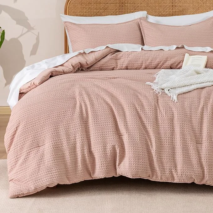 Flexible PHF Soft Waffle Comforter Set Queen Size- Comfy Breathable Waffle Weave Comforter with 2 Pillow Shams 3 Pieces Less Snagging Lightweight Textured Bedding Set for All Season Rose Pink Responsible