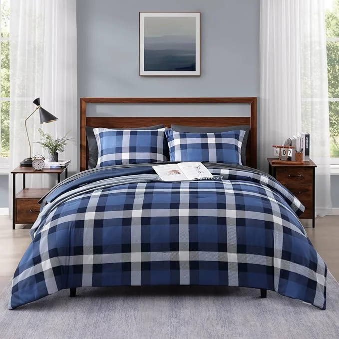 Convenient MaiRêve Twin XL Plaid Comforter Set Indigo Blue Classic Checkered 5 Pieces Bedding Set for Boys Girls Teen All Season Lightweight Bed in A Bag with Sheets Pillowcases amp Shams Certified