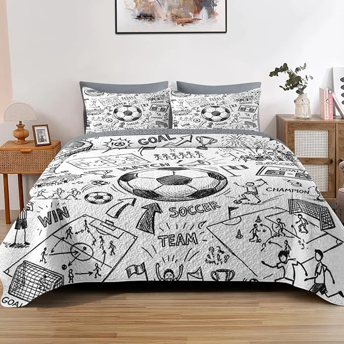 Genuine Quilt Set Full Queen Size Game Soccer Painting 3 Pcs Soft Bed Cover Bedding Set for Kids and Adults Football Ball Cup Sport Lightweight Bedspread Coverlet with Pillow Sham for All Season Responsible