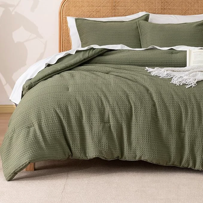 Contemporary PHF Soft Waffle Comforter Set King Size- Comfy Breathable Waffle Weave Comforter with 2 Pillow Shams 3 Pieces Less Snagging Lightweight Textured Bedding Set for All Season Olive Green Easy-to-Use