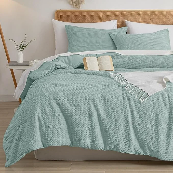 PHF Soft Waffle Comforter Set King Size- Comfy Breathable Waffle Weave Comforter with 2 Pillow Shams 3 Pieces Less Snagging Lightweight Textured Bedding Set for All Season Aqua