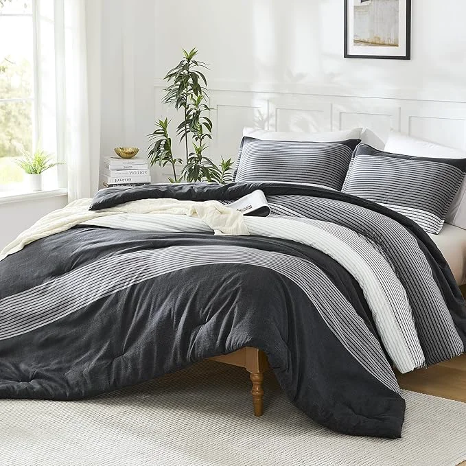 Next-Generation Litanika Oversized Queen Comforter Set Black White Grey 98x98-3 Pieces Lightweight Colorblock Stripe Fluffy Bedding Comforter Sets All Season Bed Set Smooth