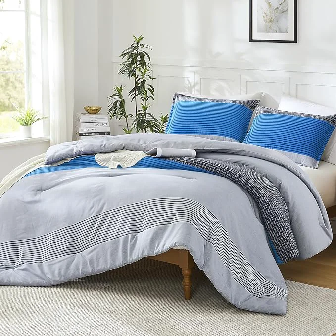 Fast Litanika Bed Comforter Full Set Grey Blue Striped Bedding Set 3 Pieces Lightweight Soft All Season Down Comforter and 2 Pillowcases Exclusive