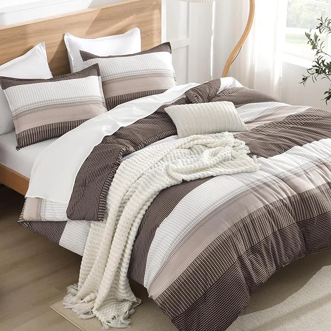 Expertly Made Litanika Comforter Set Full Size Chocolate - 3 Pieces Lightweight Colorblock Stripe Fluffy Bedding Comforter Sets All Season Bed Set Natural