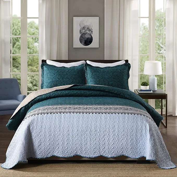 High-Quality Travan 3-Piece Queen Quilt Set Quilted Bedspread Oversized Microfiber Soft Lightweight Bedding Set with Shams for All Season Blue Ocean Queen Size High-Grade