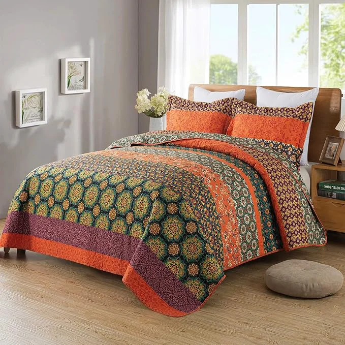 Eco-Friendly Travan Boho Stripe Quilt Sets Floral Printed Reversible Soft Bohemian Bedding Set with Shams for All Season Orange Red Stripe King Size Expertly Made