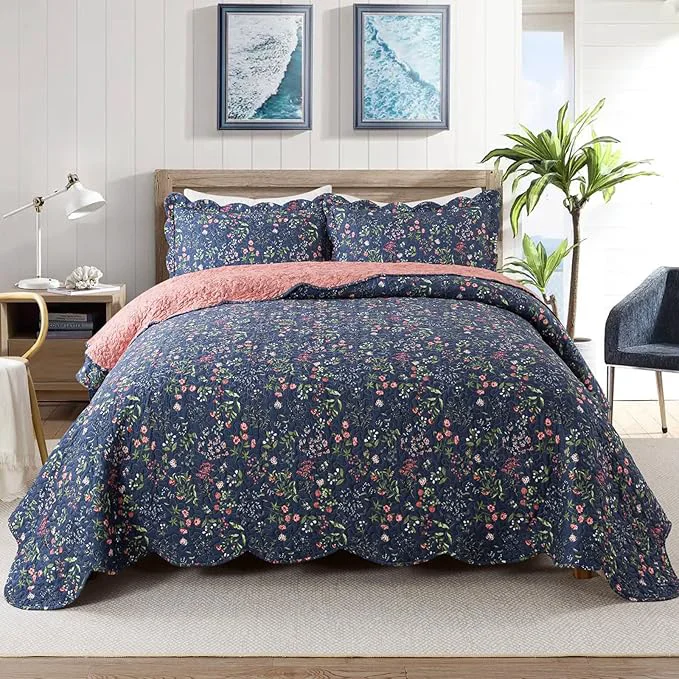 Crafted Travan 3-Piece Quilt Set Quilted Bedspread Lightweight Coverlet Set Garden Style Floral Printed Oversized Quilted Bedding Set for All Season Blue Flower Sea Queen Size Safe