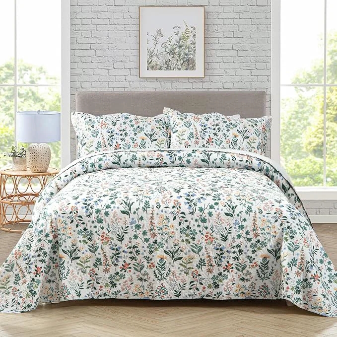 World-Class Travan 3-Piece Quilt Set Quilted Bedspread Lightweight Coverlet Set Garden Style Floral Printed Oversized Quilted Bedding Set with Shams for All Season Exquisite King Size Trusted