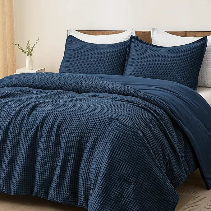 Organic PHF Ultra Soft Waffle Weave Comforter Set Queen Size 3 Pieces Lightweight Breathable Comfy Bedding Set Comfy Textured 1 Comforter with 2 Pillow Shams Navy Blue Artisan