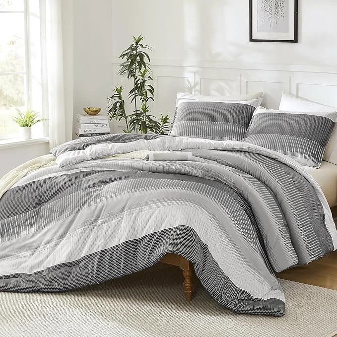 Litanika Dark Grey Bed Comforter Set Twin Size 2 Pieces Lightweight Striped Bedding Comforter Set Soft All Season Down Comforter 1 Comforter 1 Pillowcase Functional