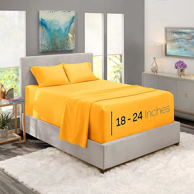 Environmentally Friendly Nestl King Size Sheet Set 4 Piece Extra Deep Pocket 18-24 inches Microfiber Hotel Luxury Soft Breathable Wrinkle- Easy to Care Yellow Stylish