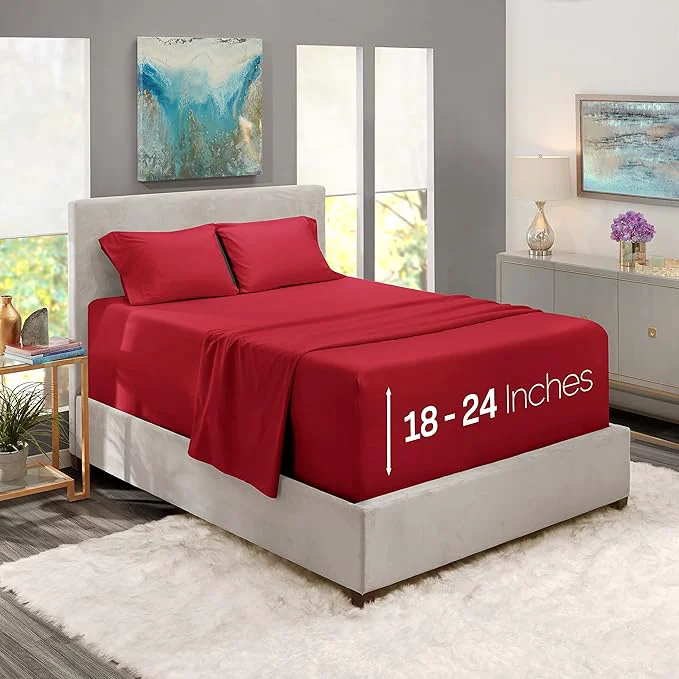 Natural Nestl Twin Size Sheet Set 4 Piece Extra Deep Pocket 18-24 inches Microfiber Hotel Luxury Soft Breathable Wrinkle- Easy to Care Burgundy Red Solid