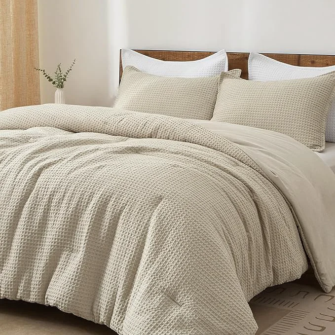 PHF Ultra Soft Waffle Weave Comforter Set Queen Size 3 Pieces Lightweight Breathable Comfy Bedding Set Comfy Textured 1 Comforter with 2 Pillow Shams Linen Safe