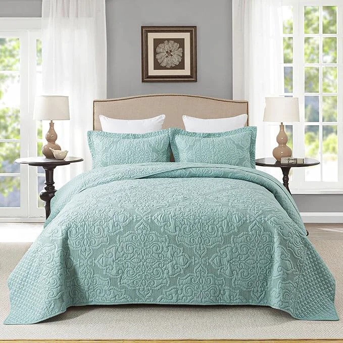 Modern Travan 3-Piece King Quilt Set Quilted Bedspread Oversized Microfiber Lightweight Bedspread Coverlet Set with Shams Bedding Set for All Season Blue King Powerful