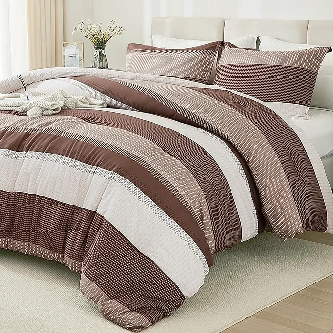 Prestigious Litanika Brown Comforter Set Queen - 3 Pieces Lightweight Brown White Colorblock Stripe Fluffy Bedding Comforter Sets All Season Bed Set Environmentally Friendly