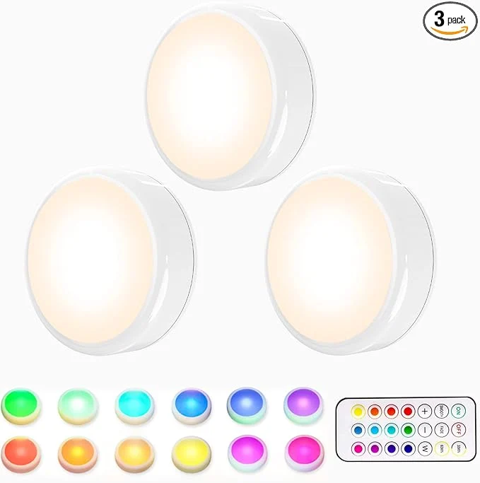 Selected HELPLEX LED Puck Lights with Remote 3 Pack Color Changing RGBW Stick-On Light Specialty