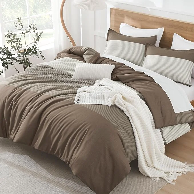 Reusable Litanika Comforter Set King Size Coffee - 3 Pieces Lightweight Colorblock Stripe Fluffy Bedding Comforter Sets All Season Bed Set Versatile