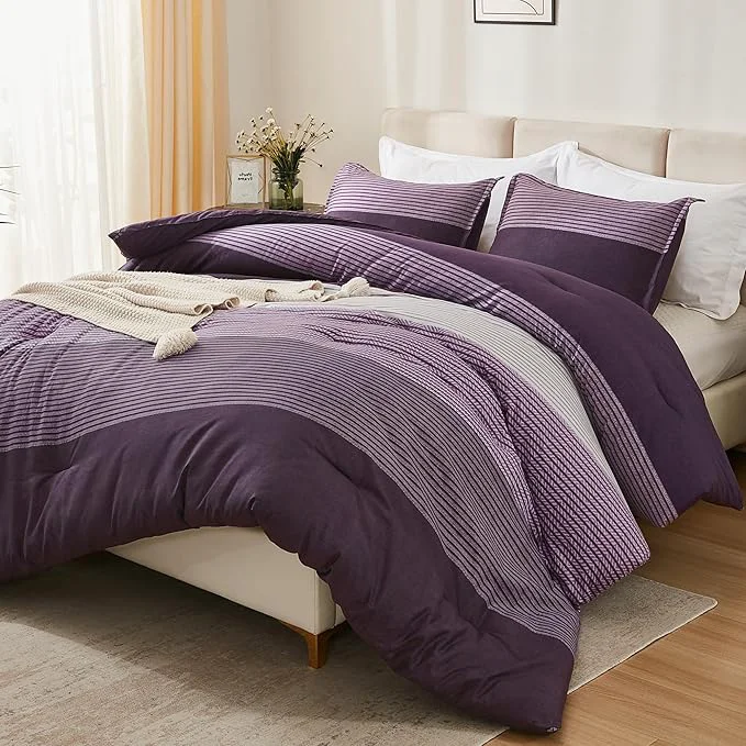 Certified Litanika Purple Comforter Set Super King Plus - 3 Pieces Lightweight Gray Purple Colorblock Stripe Fluffy Bedding Comforter Sets All Season Bed Set Versatile