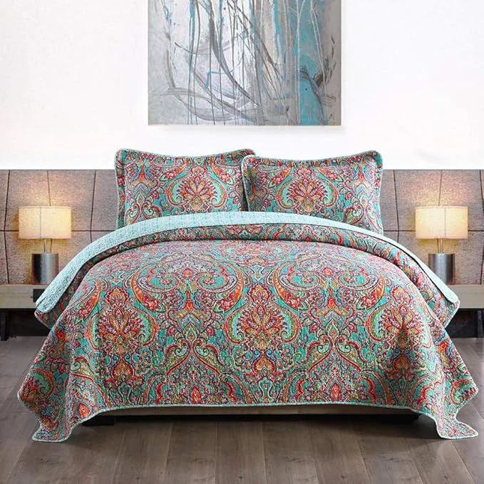 Premium Travan 3-Piece Bedspread Quilt Set Oversized Reversible Quilted Bedding Cotton Coverlet Set with Shams Gorgeous Floral Pattern Twin Size Proven