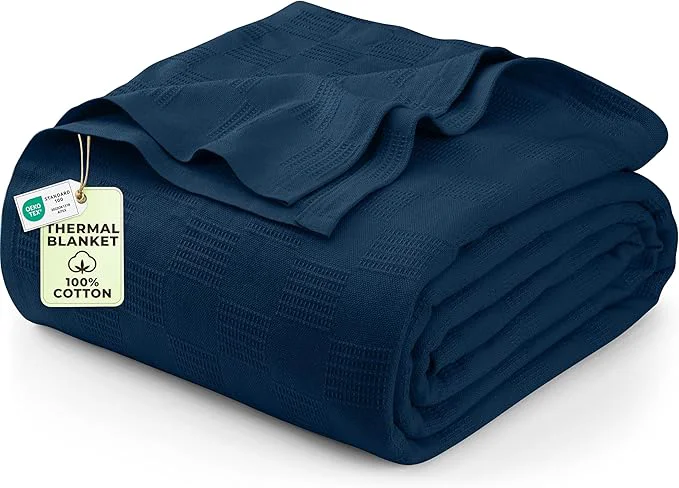 Detailed Utopia Bedding Navy Cotton Blanket King Size - 90x108 Inch Lightweight Soft and Breathable Thermal Blanket for All Seasons Safe