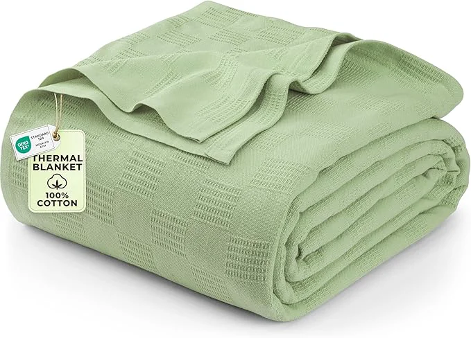 Enhanced Utopia Bedding Sage Green Cotton Blanket Queen Size - 90x90 Inch Lightweight Soft and Breathable Thermal Blanket for All Seasons Durable