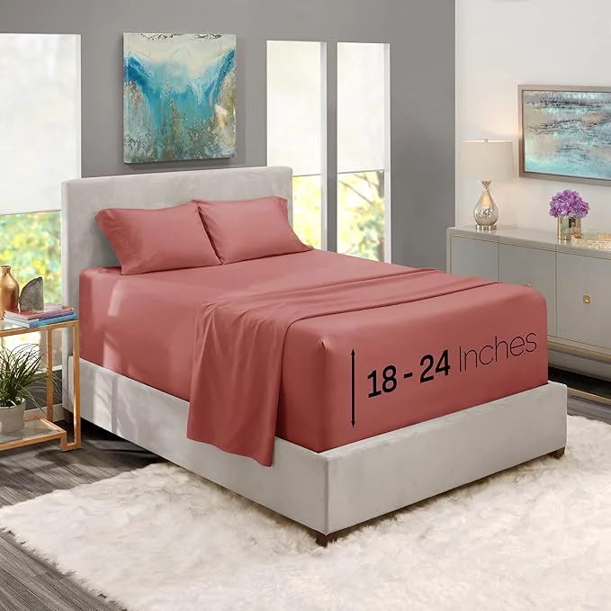 Effective Nestl Full Size Sheet Set 4 Piece Extra Deep Pocket 18-24 inches Microfiber Hotel Luxury Soft Breathable Wrinkle- Easy to Care Pink Clay Exclusive