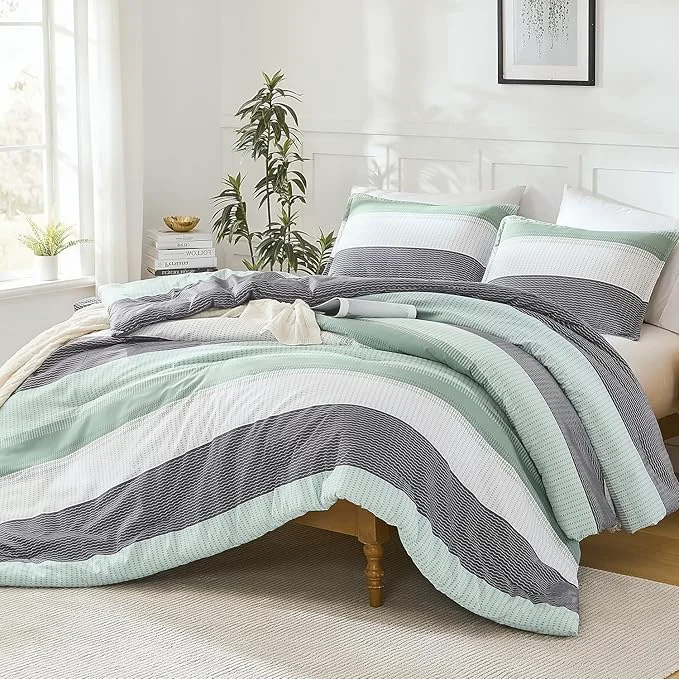 Environmentally Friendly Litanika Oversized King Comforter Set Sage Green 128x120-3 Pieces Lightweight Green White Colorblock Stripe Fluffy Bedding Comforter Sets All Season Bed Set Trendy