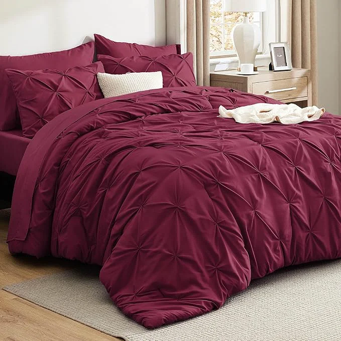 Durable Bedsure Queen Comforter Set Burgundy - Bed in a Bag Queen Size Bedding 7 Pieces GentleSoft™ Pintuck Bed Set Gift for Family Pinch Pleat All Season Comforter with Sheets Pillowcases amp Shams Convenient