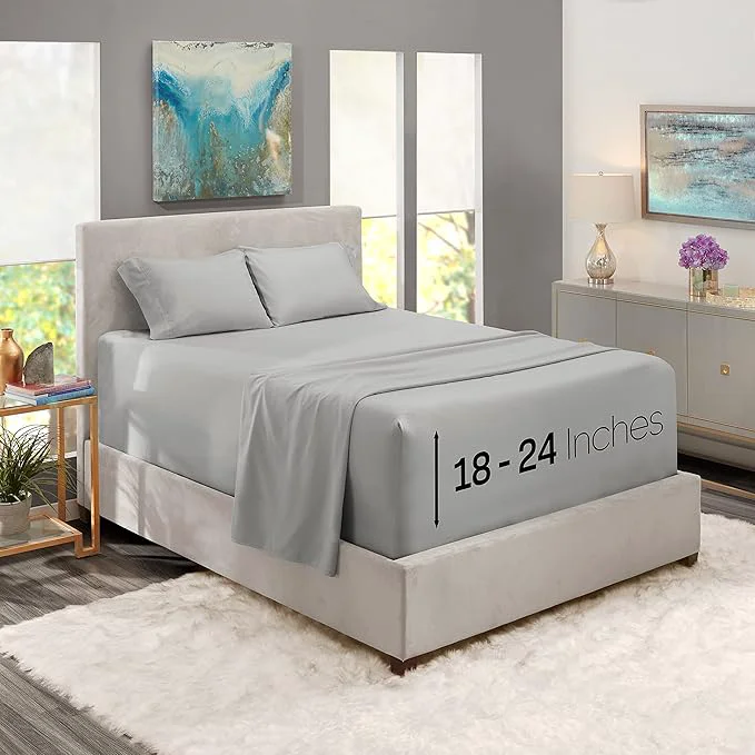 Reliable Nestl California King Size Sheet Set 4 Piece Extra Deep Pocket 18-24 inches Microfiber Hotel Luxury Soft Breathable Wrinkle- Easy to Care Light Grey Refined