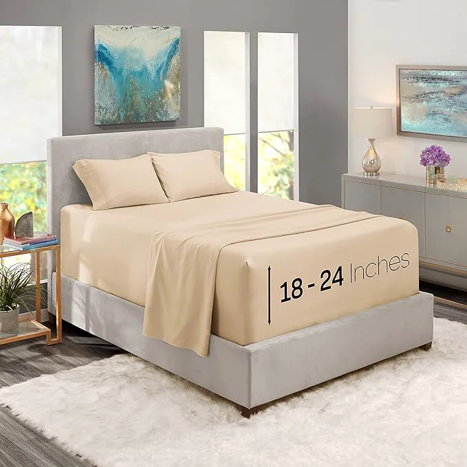 Original Nestl Twin XL Size Sheet Set 4 Piece Extra Deep Pocket 18-24 inches Microfiber Hotel Luxury Soft Breathable Wrinkle- Easy to Care Beige Cream Refined