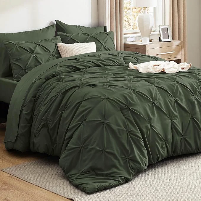 Minimalist Bedsure Queen Comforter Set Olive Green - Bed in a Bag Queen Size Bedding 7 Pieces GentleSoft™ Pintuck Bed Set Gift for Family Pinch Pleat All Season Comforter with Sheets Pillowcases amp Shams Top-Quality