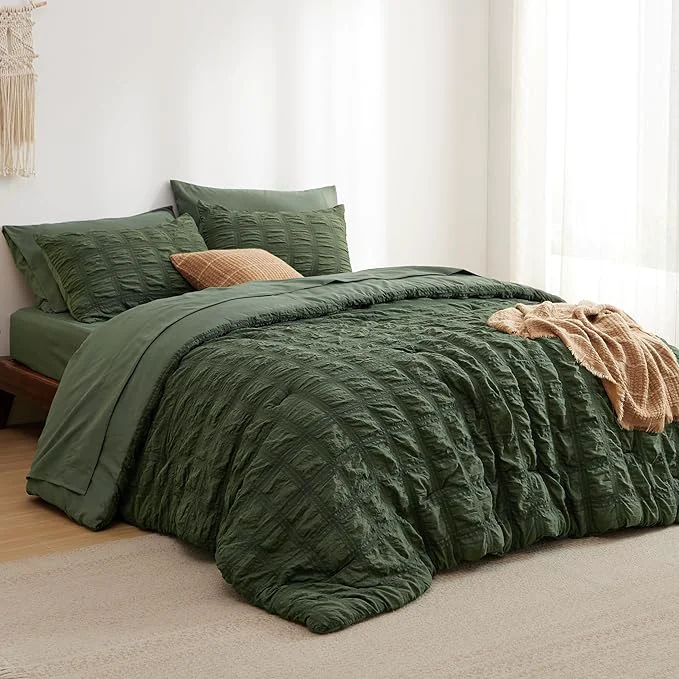 Elite Bedsure Bed in a Bag Queen - 7 Pieces Plaid Seersucker Bedding Comforter Sets Soft Lightweight Olive Green Boho Bed Set with Comforters Queen Size Sheets Pillowcases amp Shams Optimized