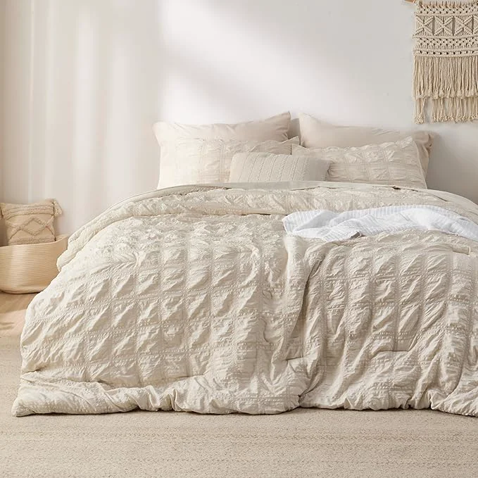 Premium Bedsure Bed in a Bag King - 7 Pieces Plaid Seersucker Bedding Comforter Sets Soft Lightweight Beige Boho Bed Set with Comforters King Size Sheets Pillowcases amp Shams Trendy
