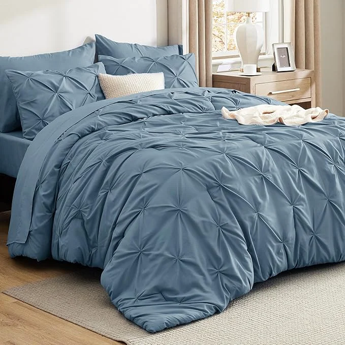 Pure Bedsure Twin Comforter Set Mineral Blue - Bed in a Bag Twin Size Bedding 5 Pieces GentleSoft™ Pintuck Bed Set Gift for Family Pinch Pleat Mineral Blue Comforter with Sheets Pillowcase amp Sham Reliable